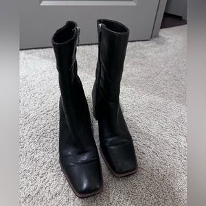 Black Leather Mid-Calf Square-Toe Boots